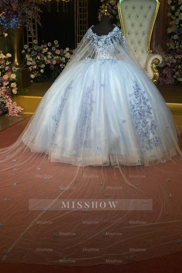 Misshow Off-Shoulder Ball Gown Beaded Sequins & Baby Blue Tulle Formal Dress for Quinceanera Sweet 16 and Evening Events