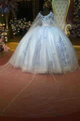 Misshow Off-Shoulder Ball Gown Beaded Sequins & Baby Blue Tulle Formal Dress for Quinceanera Sweet 16 and Evening Events
