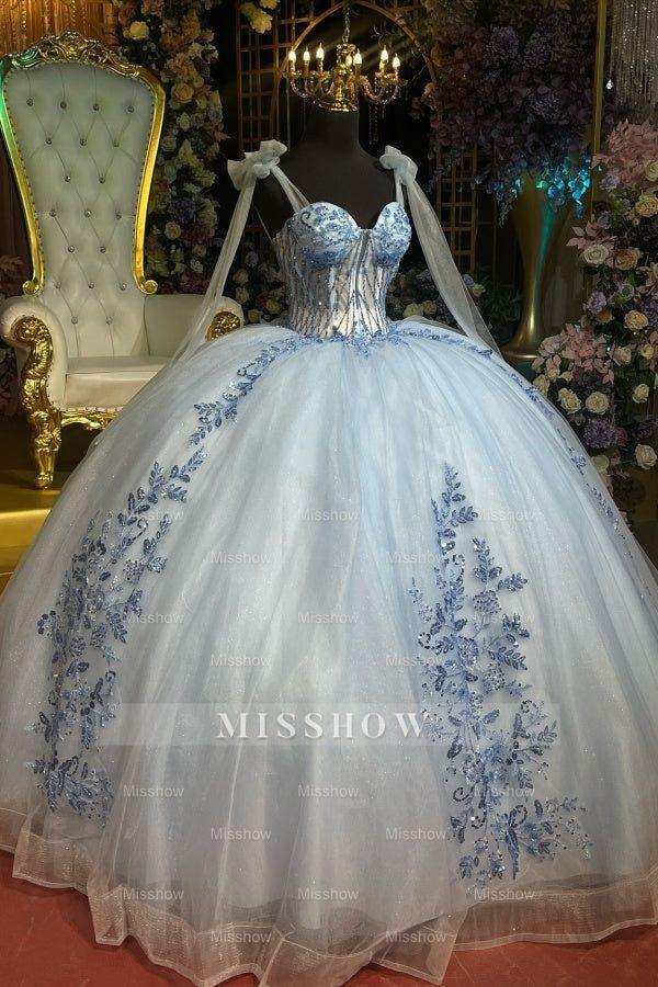 Misshow Off-Shoulder Ball Gown Beaded Sequins & Baby Blue Tulle Formal Dress for Quinceanera Sweet 16 and Evening Events