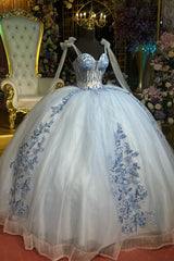 Misshow Off-Shoulder Ball Gown Beaded Sequins & Baby Blue Tulle Formal Dress for Quinceanera Sweet 16 and Evening Events