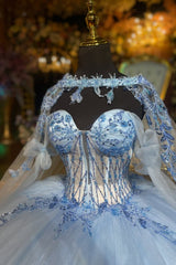 Misshow Off-Shoulder Ball Gown Beaded Sequins & Baby Blue Tulle Formal Dress for Quinceanera Sweet 16 and Evening Events
