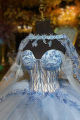 Misshow Off-Shoulder Ball Gown Beaded Sequins & Baby Blue Tulle Formal Dress for Quinceanera Sweet 16 and Evening Events