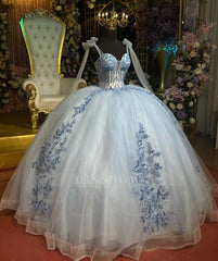 Misshow Off-Shoulder Ball Gown Beaded Sequins & Baby Blue Tulle Formal Dress for Quinceanera Sweet 16 and Evening Events