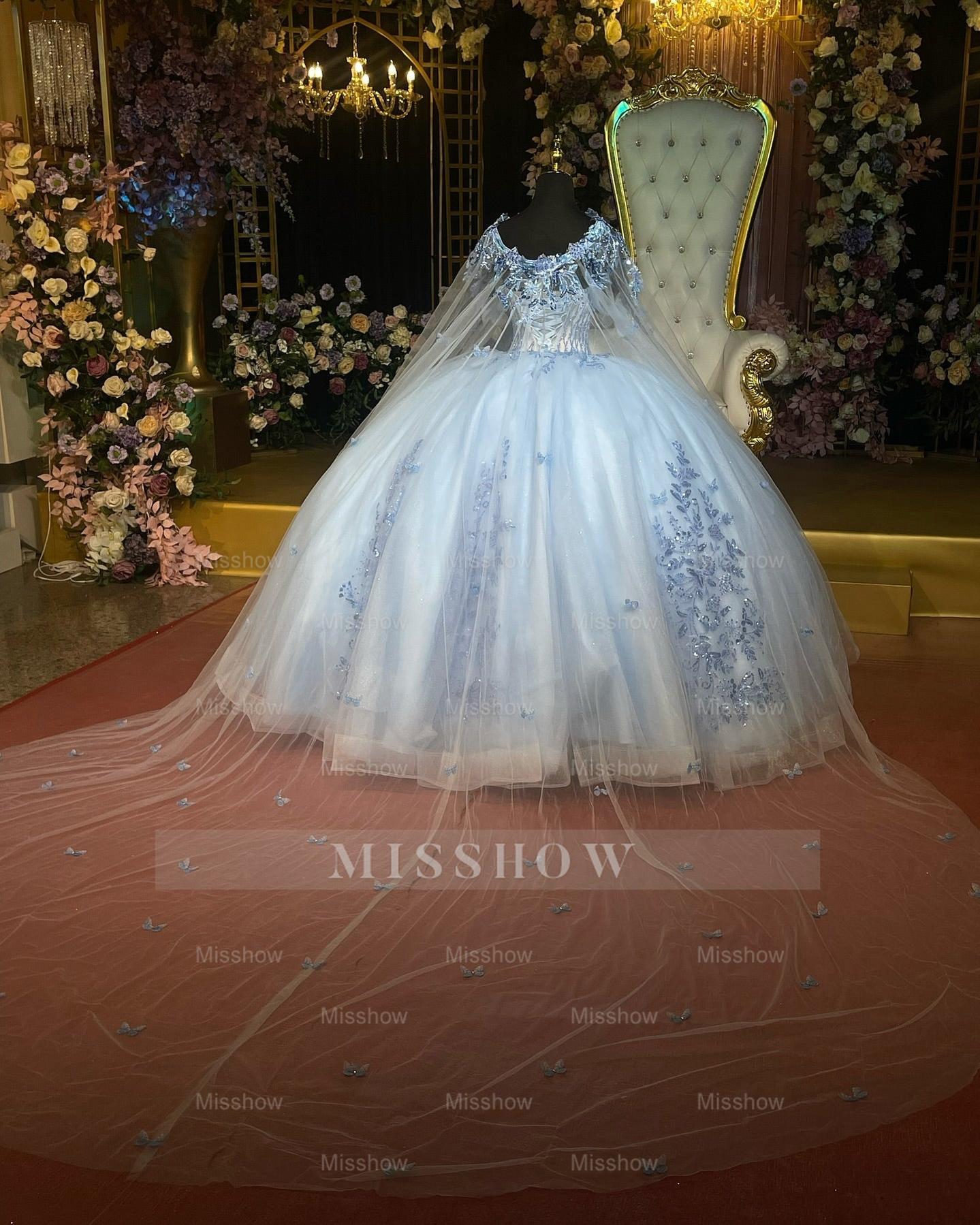 Misshow Off-Shoulder Ball Gown Beaded Sequins & Baby Blue Tulle Formal Dress for Quinceanera Sweet 16 and Evening Events
