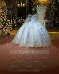 Misshow Off-Shoulder Ball Gown Beaded Sequins & Baby Blue Tulle Formal Dress for Quinceanera Sweet 16 and Evening Events