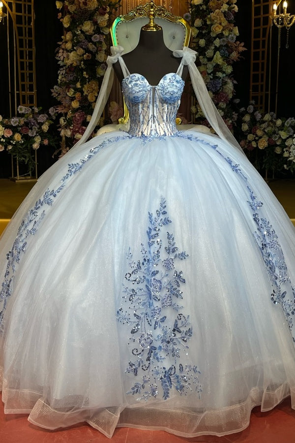 Misshow Off-Shoulder Ball Gown Beaded Sequins & Baby Blue Tulle Formal Dress for Quinceanera Sweet 16 and Evening Events