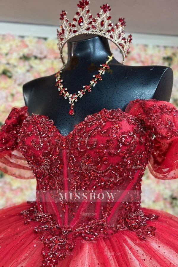 Misshow Off-Shoulder Ball Gown Beaded Sequins Pleated Tulle & Lace-Up Corset for Quinceanera Sweet 16 and Birthday Galas