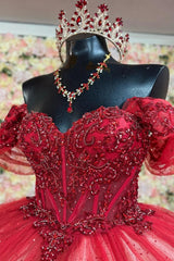 Misshow Off-Shoulder Ball Gown Beaded Sequins Pleated Tulle & Lace-Up Corset for Quinceanera Sweet 16 and Birthday Galas