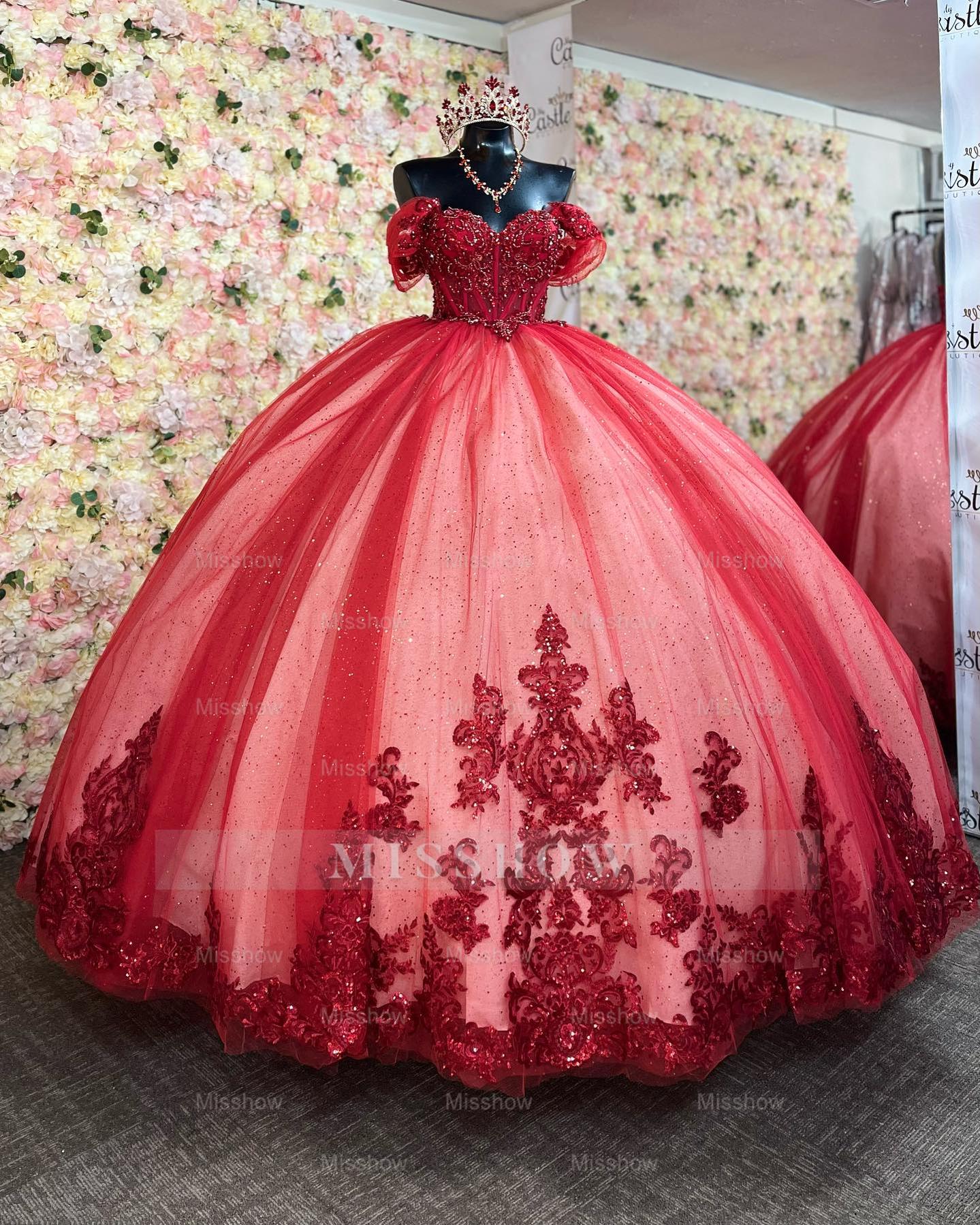 Misshow Off-Shoulder Ball Gown Beaded Sequins Pleated Tulle & Lace-Up Corset for Quinceanera Sweet 16 and Birthday Galas