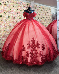 Misshow Off-Shoulder Ball Gown Beaded Sequins Pleated Tulle & Lace-Up Corset for Quinceanera Sweet 16 and Birthday Galas