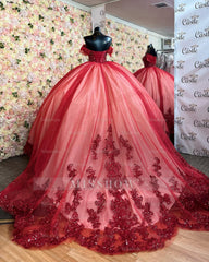 Misshow Off-Shoulder Ball Gown Beaded Sequins Pleated Tulle & Lace-Up Corset for Quinceanera Sweet 16 and Birthday Galas