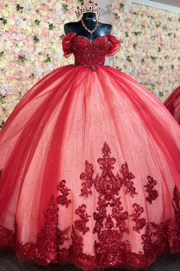 Misshow Off-Shoulder Ball Gown Beaded Sequins Pleated Tulle & Lace-Up Corset for Quinceanera Sweet 16 and Birthday Galas
