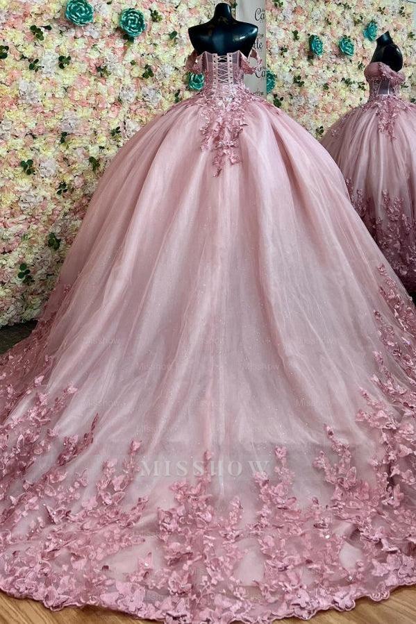 Misshow Off-Shoulder Ball Gown Crystal Beaded Pink Tulle Quinceanera Dress with Lace-Up Detail for Sweet 16 & Formal Events