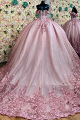Misshow Off-Shoulder Ball Gown Crystal Beaded Pink Tulle Quinceanera Dress with Lace-Up Detail for Sweet 16 & Formal Events