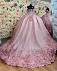 Misshow Off-Shoulder Ball Gown Crystal Beaded Pink Tulle Quinceanera Dress with Lace-Up Detail for Sweet 16 & Formal Events