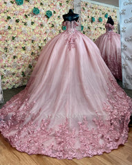 Misshow Off-Shoulder Ball Gown Crystal Beaded Pink Tulle Quinceanera Dress with Lace-Up Detail for Sweet 16 & Formal Events
