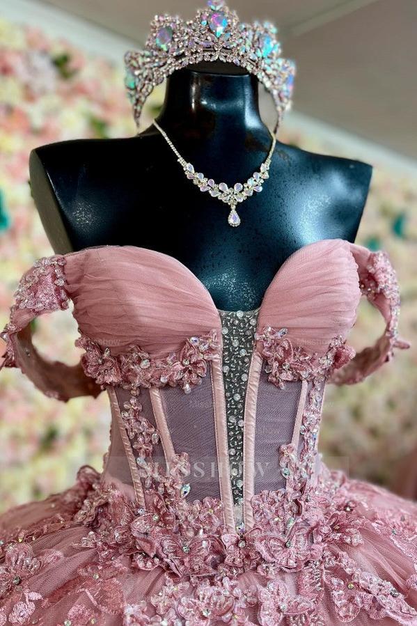 Misshow Off-Shoulder Ball Gown Crystal Beaded Pink Tulle Quinceanera Dress with Lace-Up Detail for Sweet 16 & Formal Events