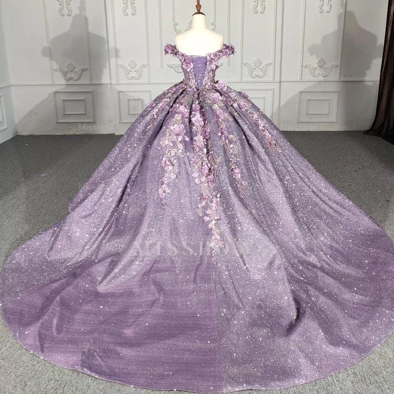 Misshow Off-Shoulder Ball Gown Floral Lace Appliques & Beaded Purple Tulle Quinceanera Dress for Sweet 16 & Princess Birthday Parties