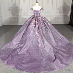 Misshow Off-Shoulder Ball Gown Floral Lace Appliques & Beaded Purple Tulle Quinceanera Dress for Sweet 16 & Princess Birthday Parties