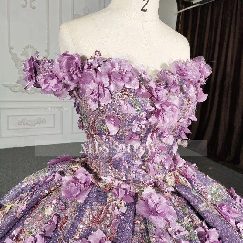 Misshow Off-Shoulder Ball Gown Floral Lace Appliques & Beaded Purple Tulle Quinceanera Dress for Sweet 16 & Princess Birthday Parties