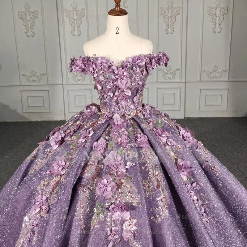 Misshow Off-Shoulder Ball Gown Floral Lace Appliques & Beaded Purple Tulle Quinceanera Dress for Sweet 16 & Princess Birthday Parties