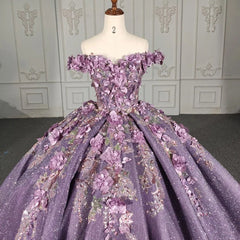 Misshow Off-Shoulder Ball Gown Floral Lace Appliques & Beaded Purple Tulle Quinceanera Dress for Sweet 16 & Princess Birthday Parties