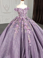 Misshow Off-Shoulder Ball Gown Floral Lace Appliques & Beaded Purple Tulle Quinceanera Dress for Sweet 16 & Princess Birthday Parties