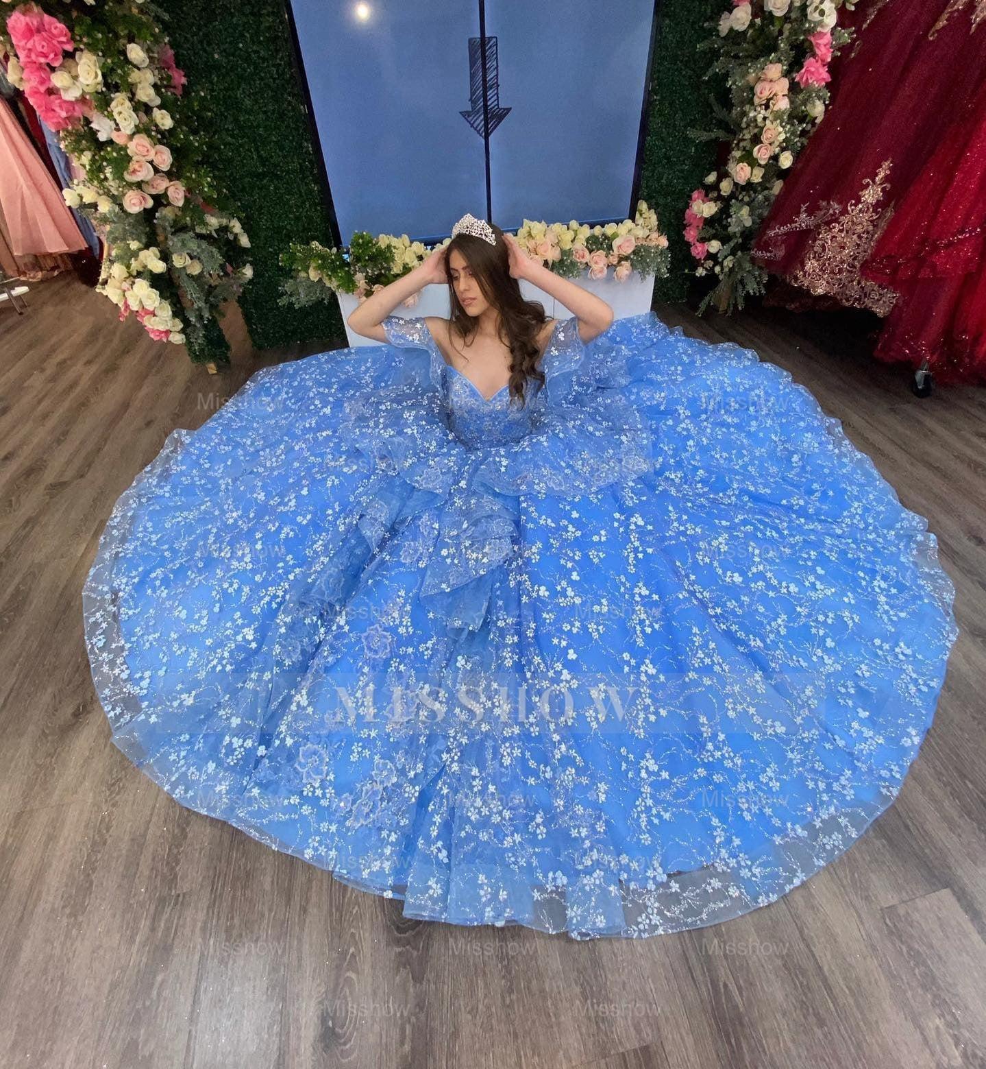 Misshow Off-Shoulder Ball Gown Floral Lace Appliques Tiered Ruffles & Beaded Blue Tulle Princess Dress for Quinceanera Sweet 16 & Evening Galas