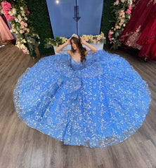 Misshow Off-Shoulder Ball Gown Floral Lace Appliques Tiered Ruffles & Beaded Blue Tulle Princess Dress for Quinceanera Sweet 16 & Evening Galas