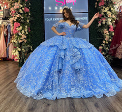 Misshow Off-Shoulder Ball Gown Floral Lace Appliques Tiered Ruffles & Beaded Blue Tulle Princess Dress for Quinceanera Sweet 16 & Evening Galas