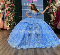 Misshow Off-Shoulder Ball Gown Floral Lace Appliques Tiered Ruffles & Beaded Blue Tulle Princess Dress for Quinceanera Sweet 16 & Evening Galas