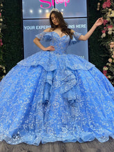Misshow Off-Shoulder Ball Gown Floral Lace Appliques Tiered Ruffles & Beaded Blue Tulle Princess Dress for Quinceanera Sweet 16 & Evening Galas