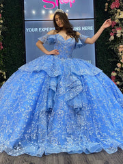 Misshow Off-Shoulder Ball Gown Floral Lace Appliques Tiered Ruffles & Beaded Blue Tulle Princess Dress for Quinceanera Sweet 16 & Evening Galas