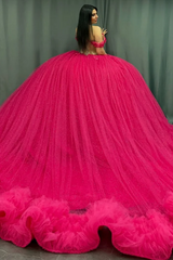 Misshow Off-Shoulder Ball Gown Hot Pink Beaded Tulle Quinceanera & Birthday Party Dress
