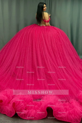 Misshow Off-Shoulder Ball Gown Hot Pink Beaded Tulle Quinceanera & Birthday Party Dress