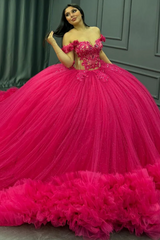 Misshow Off-Shoulder Ball Gown Hot Pink Beaded Tulle Quinceanera & Birthday Party Dress