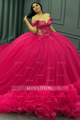 Misshow Off-Shoulder Ball Gown Hot Pink Beaded Tulle Quinceanera & Birthday Party Dress