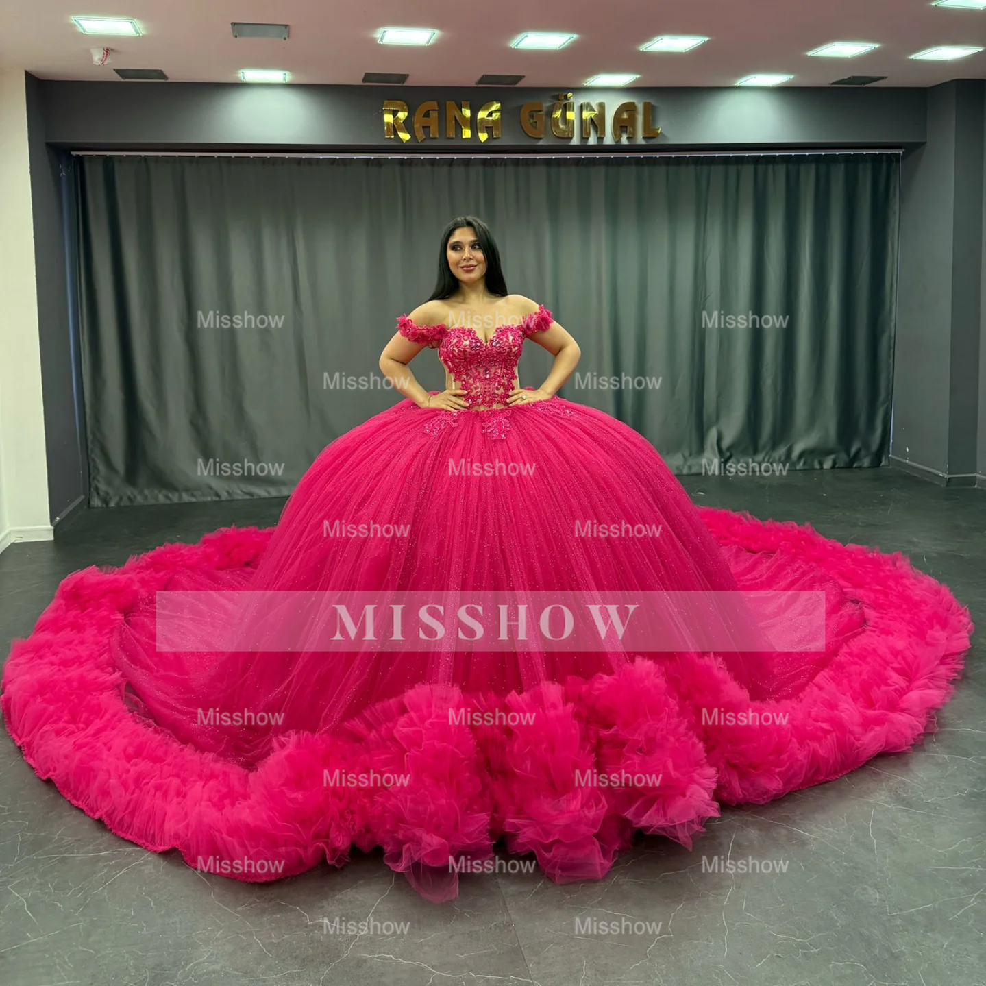 Misshow Off-Shoulder Ball Gown Hot Pink Beaded Tulle Quinceanera & Birthday Party Dress