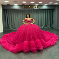 Misshow Off-Shoulder Ball Gown Hot Pink Beaded Tulle Quinceanera & Birthday Party Dress