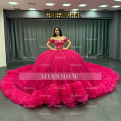 Misshow Off-Shoulder Ball Gown Hot Pink Beaded Tulle Quinceanera & Birthday Party Dress