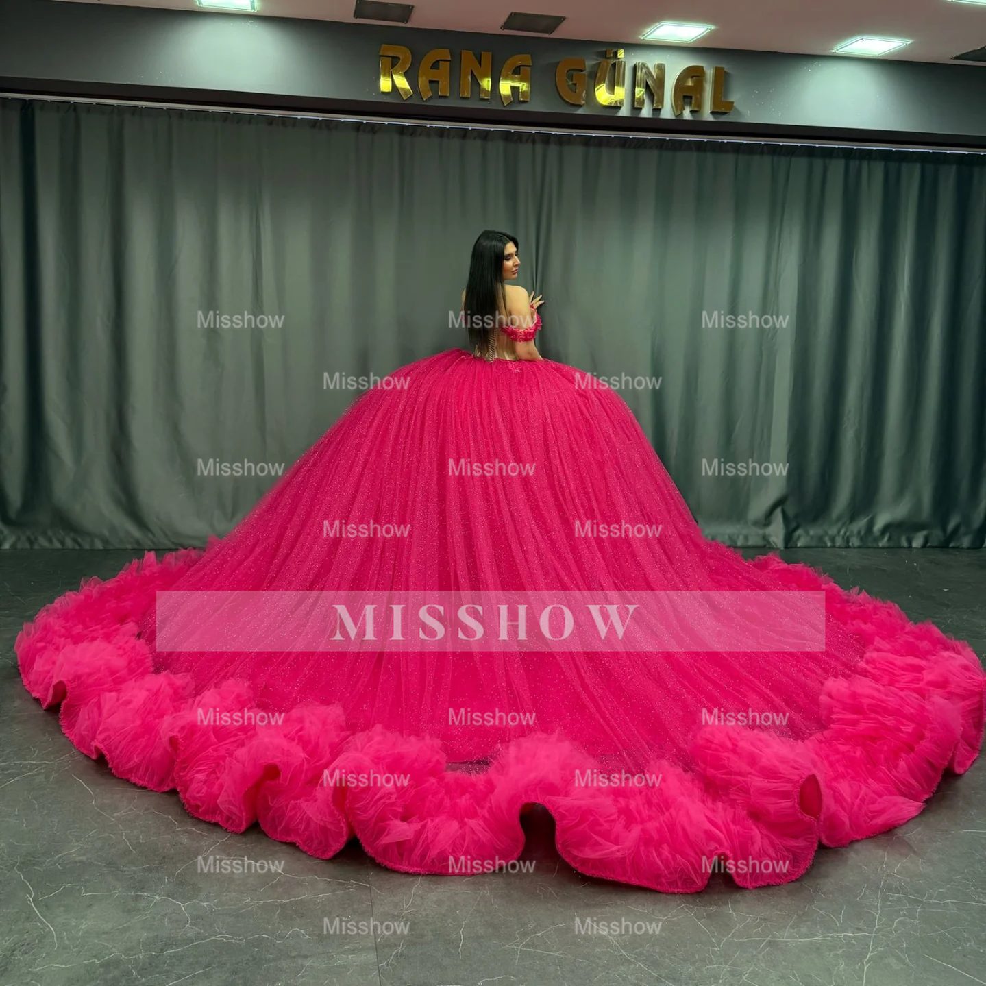 Misshow Off-Shoulder Ball Gown Hot Pink Beaded Tulle Quinceanera & Birthday Party Dress