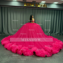 Misshow Off-Shoulder Ball Gown Hot Pink Beaded Tulle Quinceanera & Birthday Party Dress
