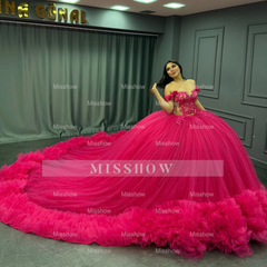 Misshow Off-Shoulder Ball Gown Hot Pink Beaded Tulle Quinceanera & Birthday Party Dress