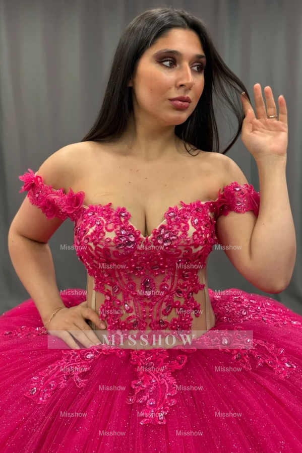 Misshow Off-Shoulder Ball Gown Hot Pink Beaded Tulle Quinceanera & Birthday Party Dress