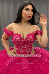 Misshow Off-Shoulder Ball Gown Hot Pink Beaded Tulle Quinceanera & Birthday Party Dress