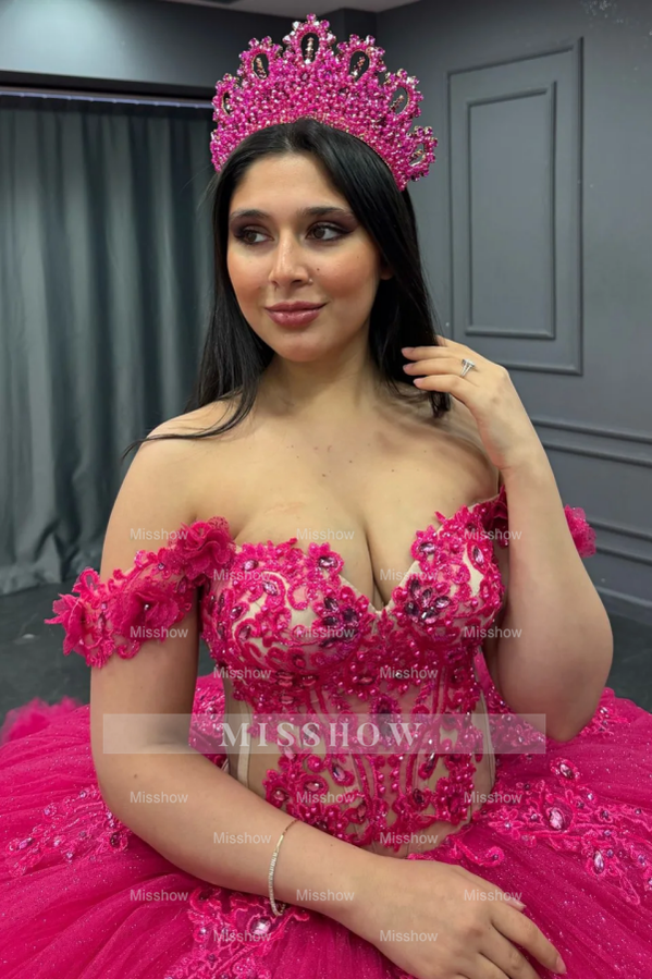 Misshow Off-Shoulder Ball Gown Hot Pink Beaded Tulle Quinceanera & Birthday Party Dress