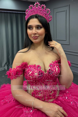 Misshow Off-Shoulder Ball Gown Hot Pink Beaded Tulle Quinceanera & Birthday Party Dress