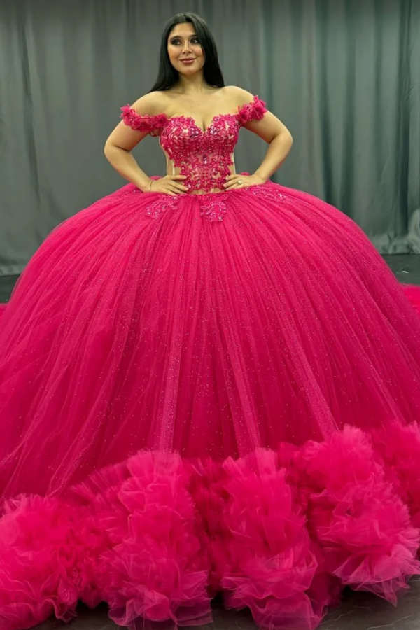 Misshow Off-Shoulder Ball Gown Hot Pink Beaded Tulle Quinceanera & Birthday Party Dress