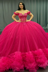 Misshow Off-Shoulder Ball Gown Hot Pink Beaded Tulle Quinceanera & Birthday Party Dress