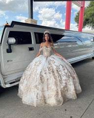 Misshow Off-Shoulder Ball Gown Lace Applique & Beaded Tulle Princess Dress for Quinceanera Sweet 16 & Birthday Galas